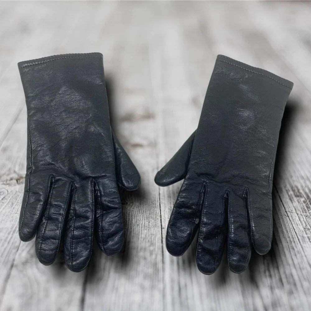 Vintage Y2K Black Short Leather Warm Driving Gloves Fleece Lined Sz M